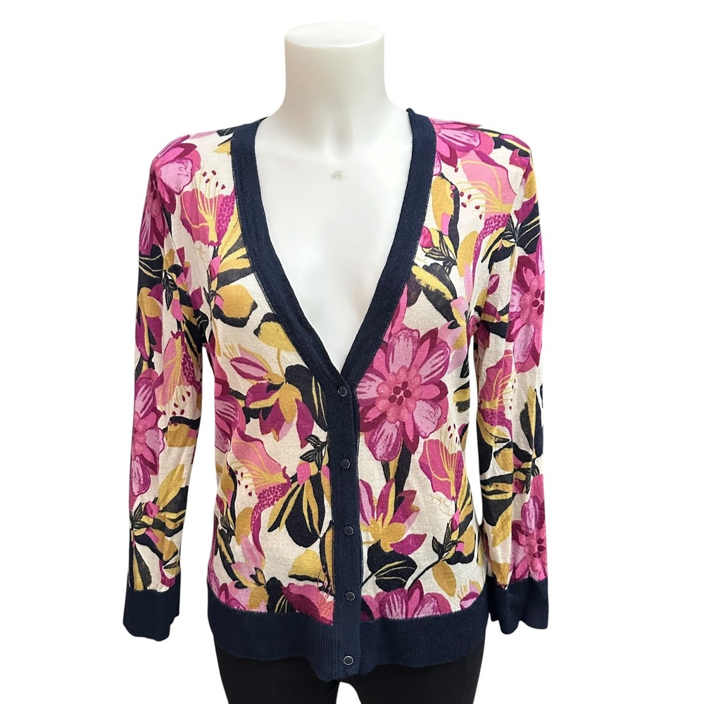 TORY BURCH Multicolor Floral 100% Wool V Neck Buttondown Cardi Sweater sz L